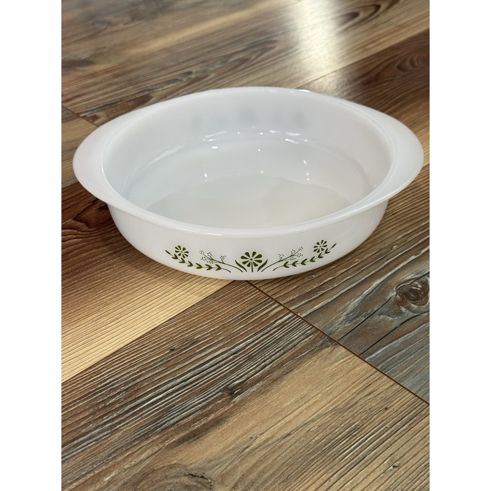 Glasbake white green flowers Casserole Dish J-2429  8 inch.  No lid.  Vintage